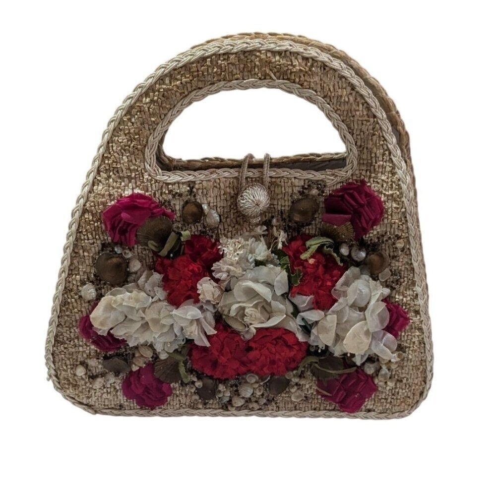 Vintage Handcrafted Straw Floral‎ Handbag Japan Red White Shells Woven Purse